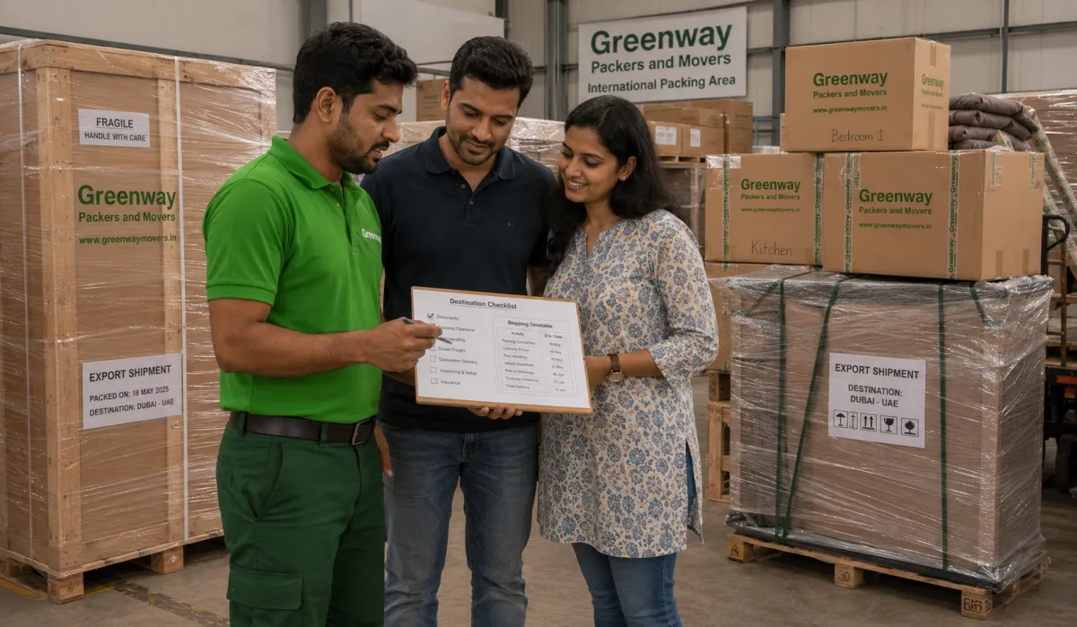 Export-ready packed shipment prepared for international relocation from India by Greenway