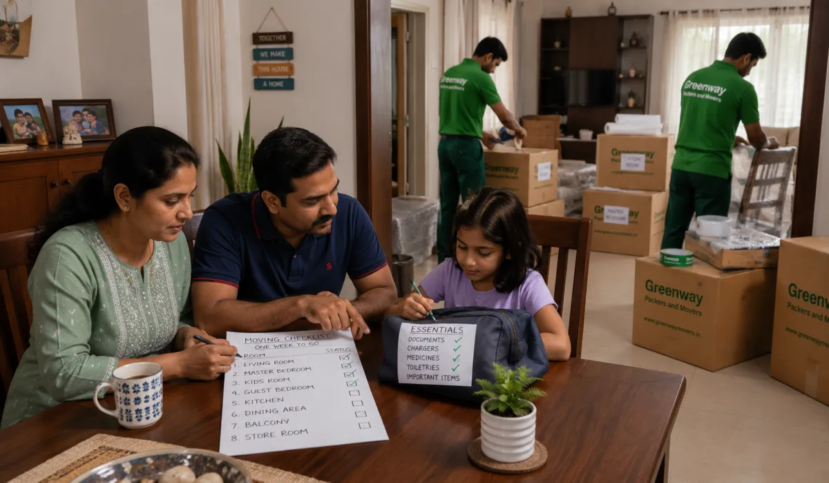 Family reviewing a moving checklist while Greenway Packers and Movers pack their household