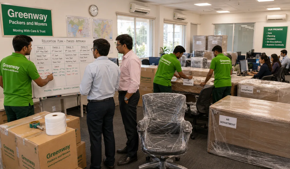 Corporate team planning an office relocation with Greenway Packers and Movers to minimise downtime