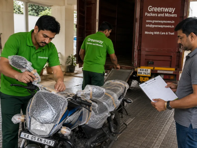 Motorbike wrapped and secured for transport in a Greenway enclosed carrier
