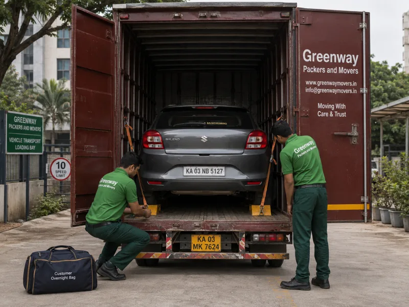 Car secured inside a closed Greenway vehicle carrier for safe transport across India