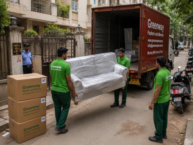 Trained Greenway staff loading packed household cartons into a moving truck in Mumbai