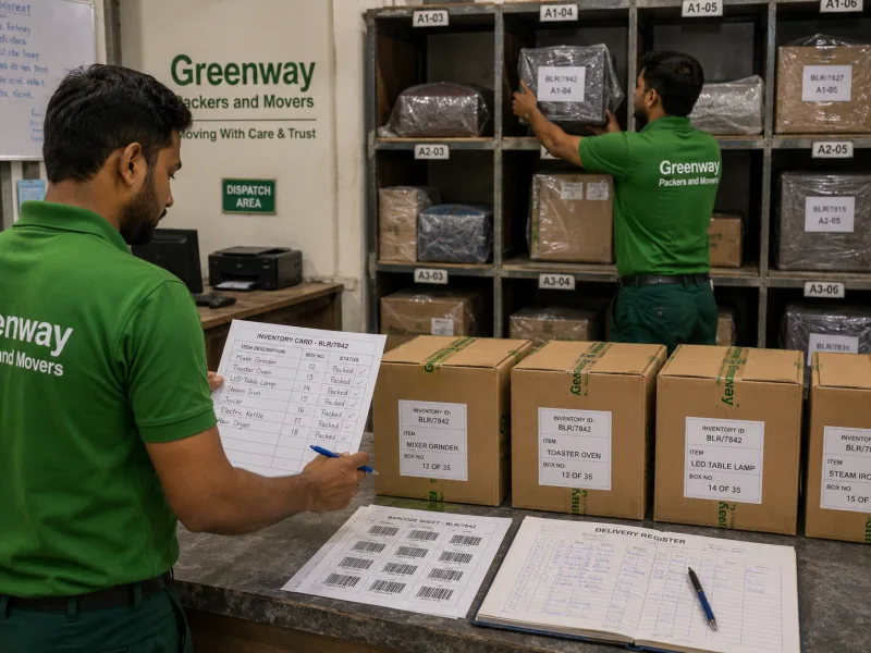Labelled inventory in secure storage at a Greenway Packers and Movers warehouse