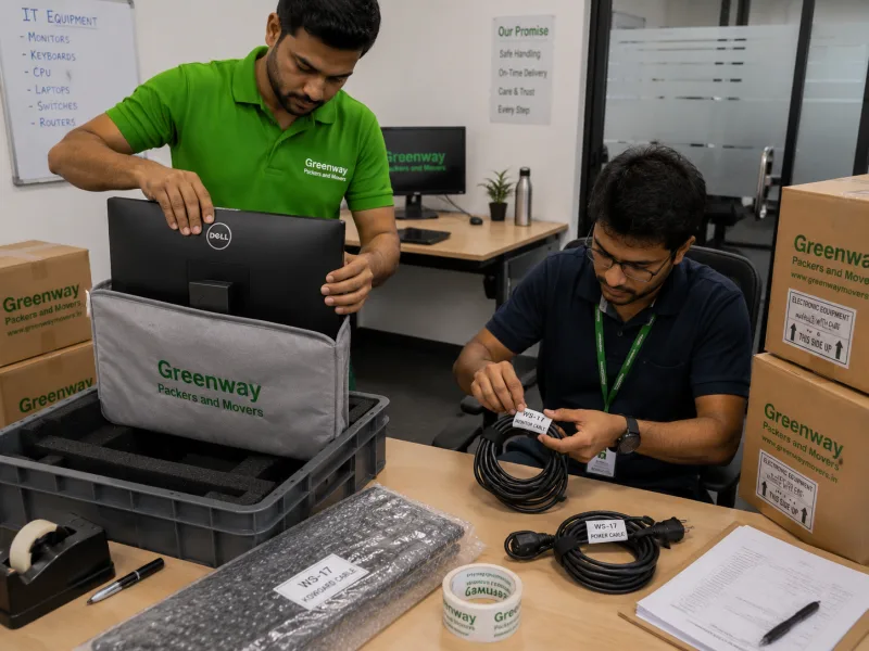 Careful packing of office IT equipment by Greenway Packers and Movers