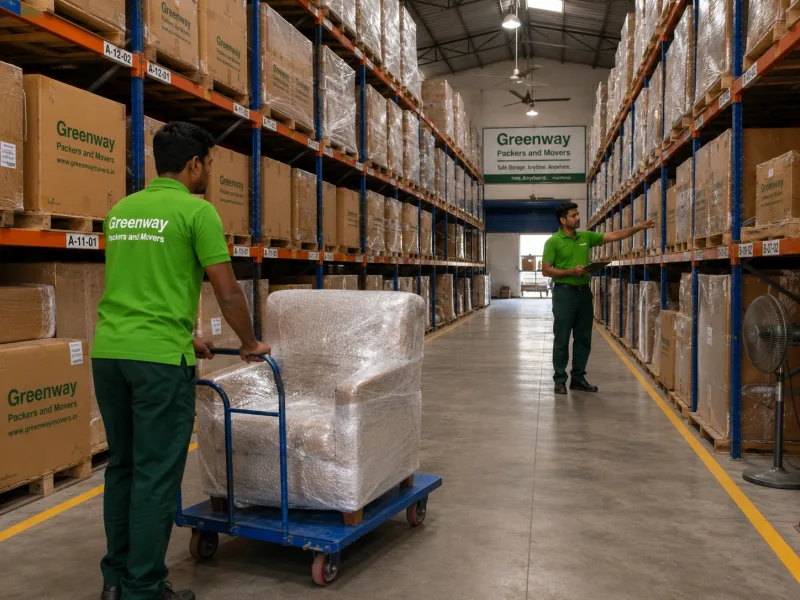 Clean and organised Greenway warehouse with neatly stacked storage cartons