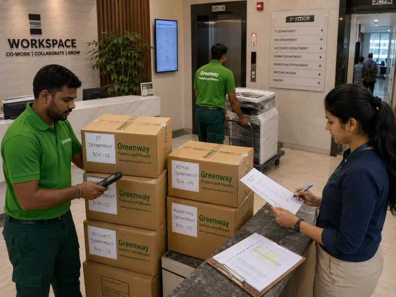 Greenway team organising labelled cartons during a corporate office relocation
