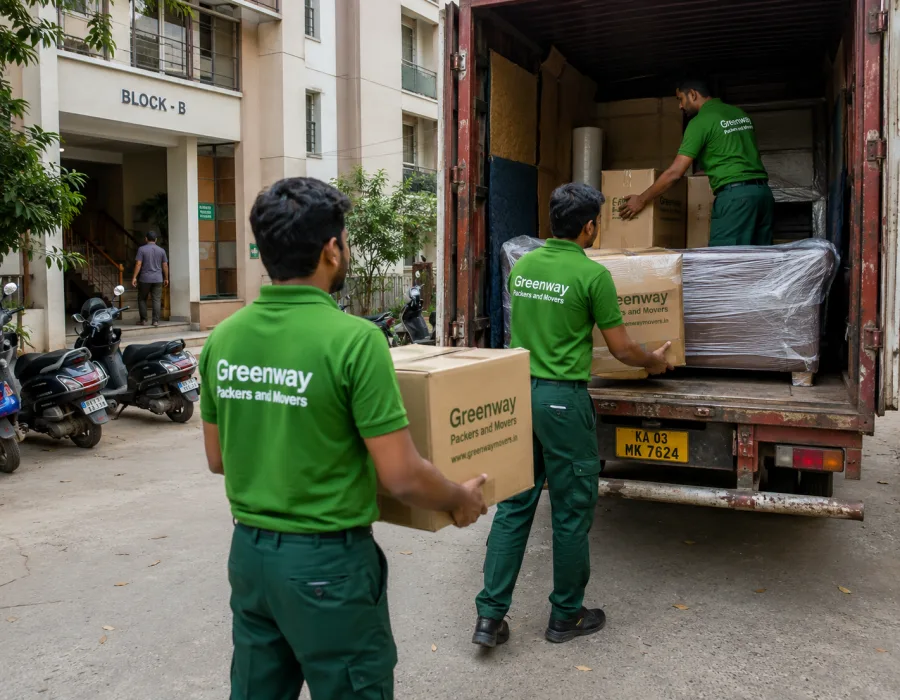 Trained movers loading labelled household cartons into a Greenway relocation truck