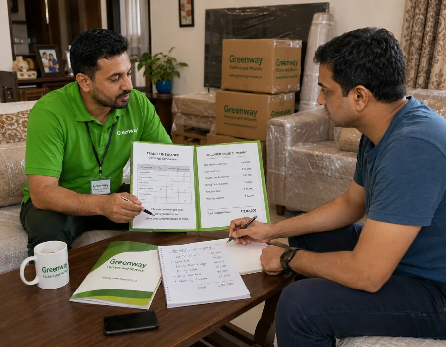 Greenway representative discussing goods insurance coverage options with a customer