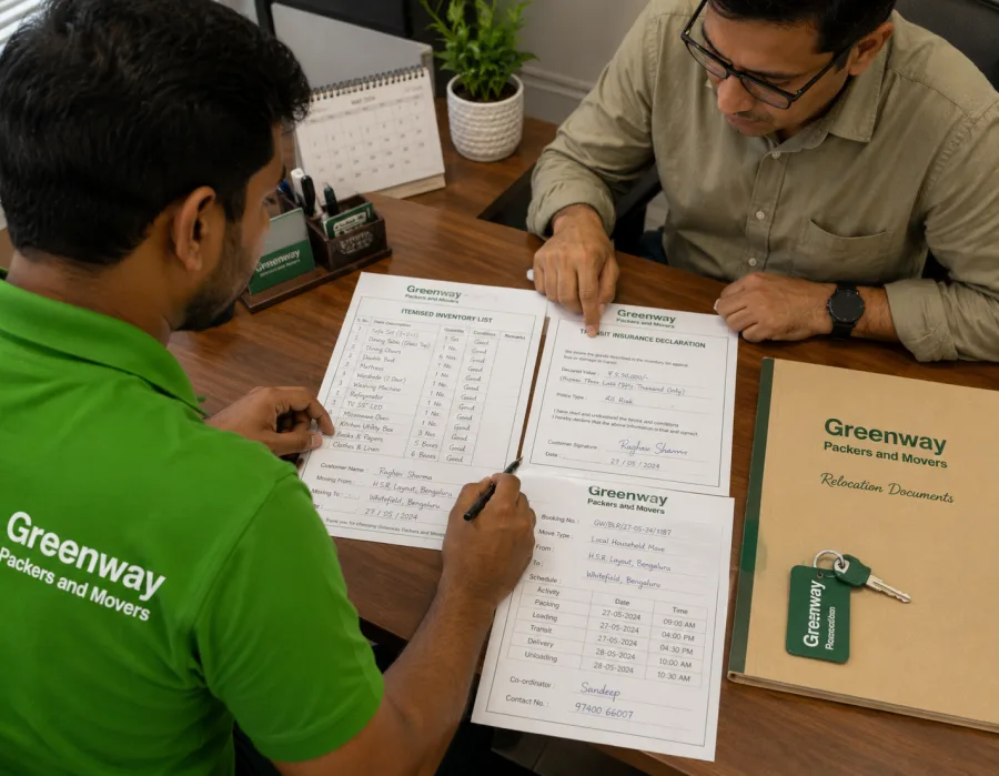 Simple transit insurance documentation being reviewed before a relocation