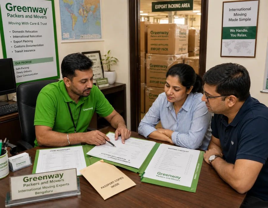 Greenway coordinator reviewing customs and shipping documentation for an overseas move