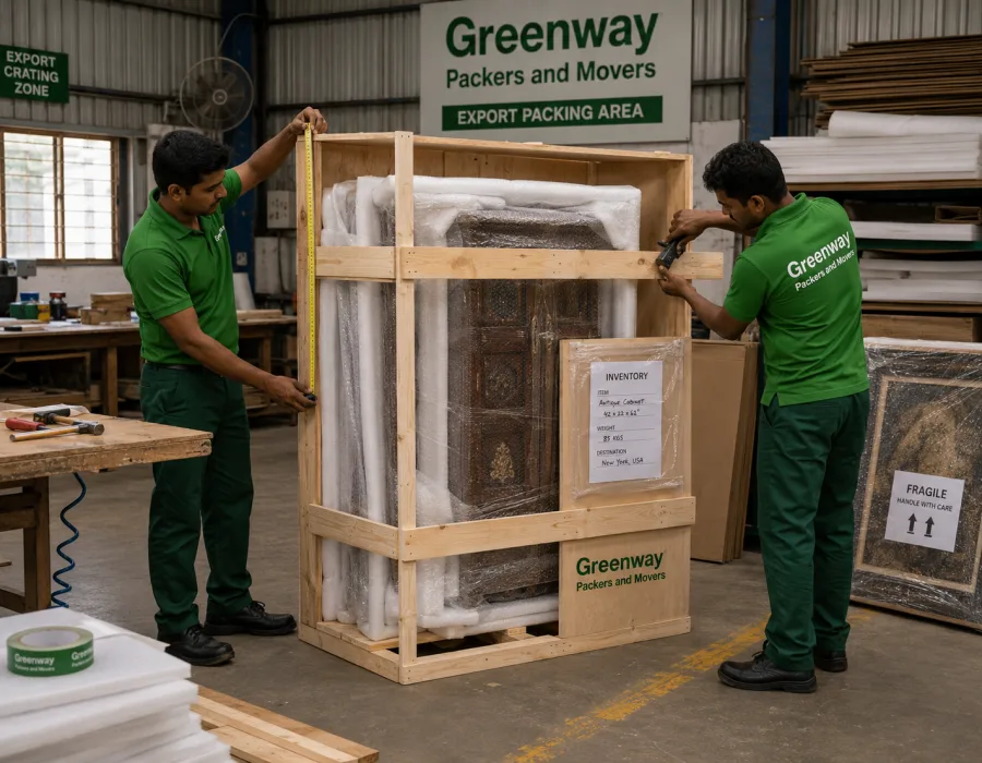 Export-standard wooden crating being prepared for an international relocation shipment