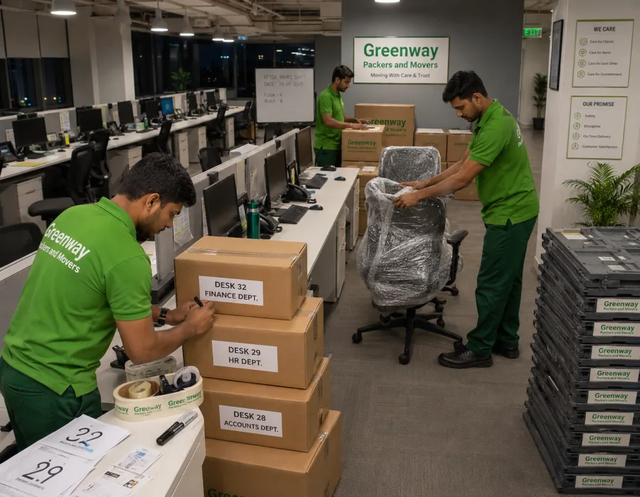 Greenway team systematically packing office furniture and files for a corporate relocation