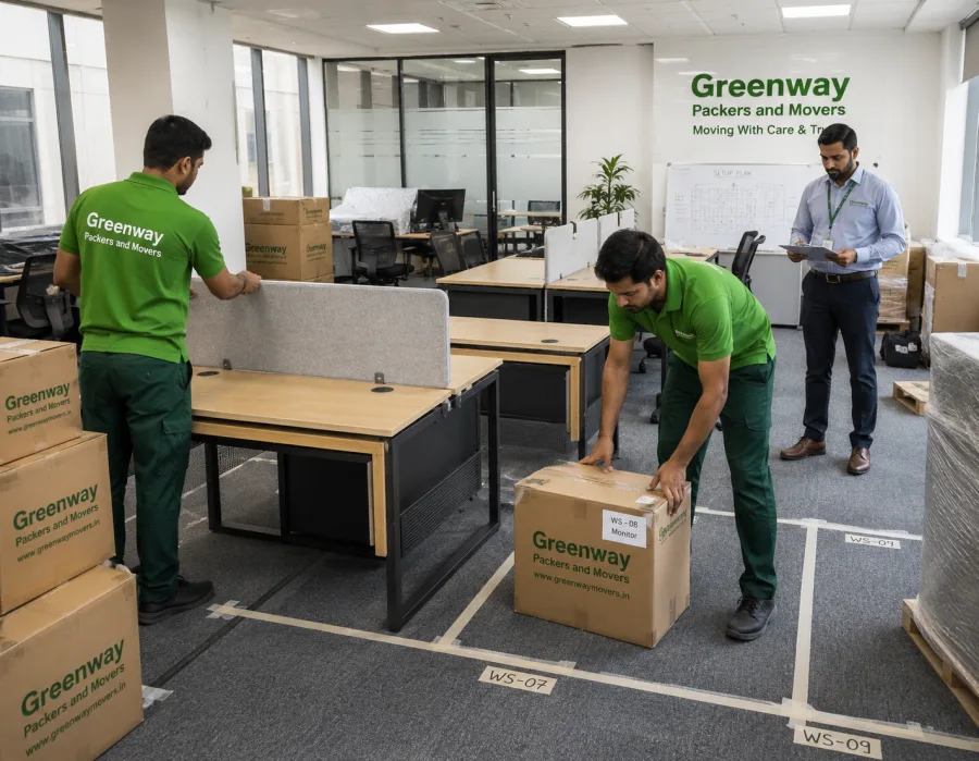Greenway staff reinstalling office furniture and workstations at a new business location