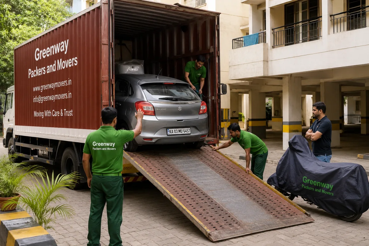 Car being loaded into a Greenway Packers and Movers enclosed vehicle carrier for safe transport across India