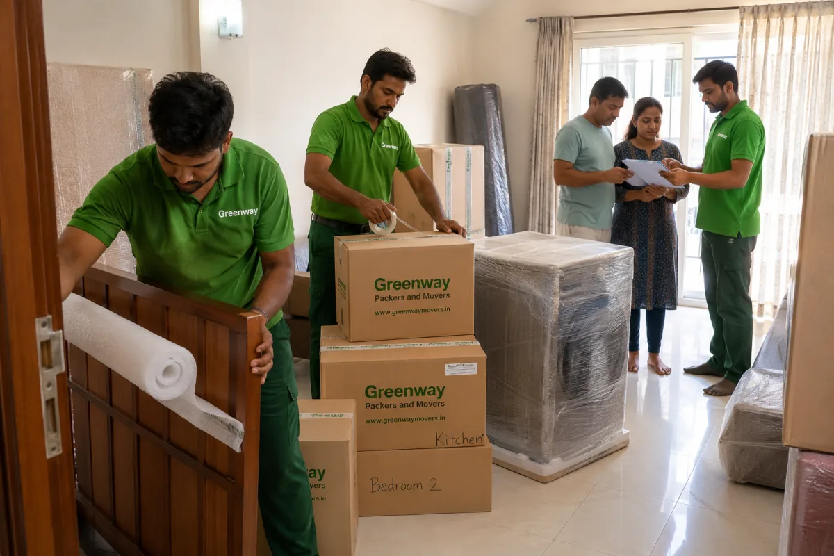 Greenway Packers and Movers team carefully packing household furniture for a home relocation in Mumbai