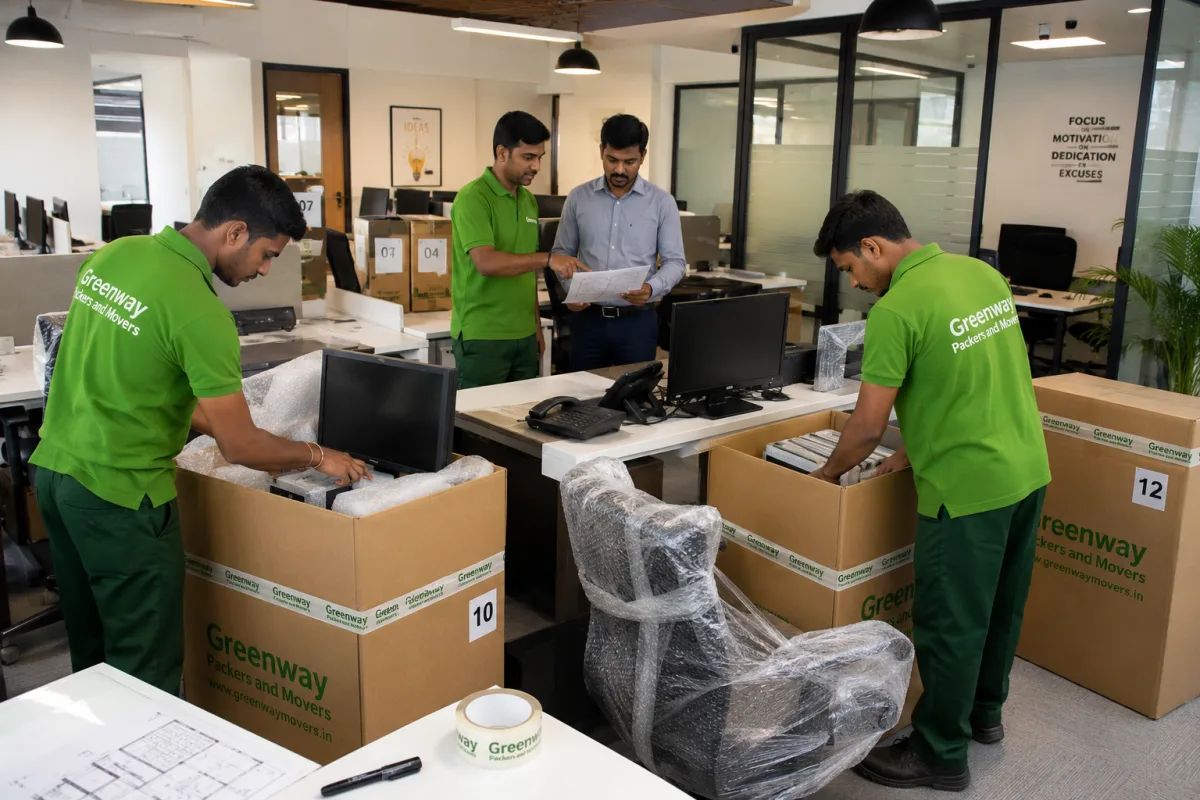 Greenway Packers and Movers staff coordinating a corporate office relocation with labelled cartons