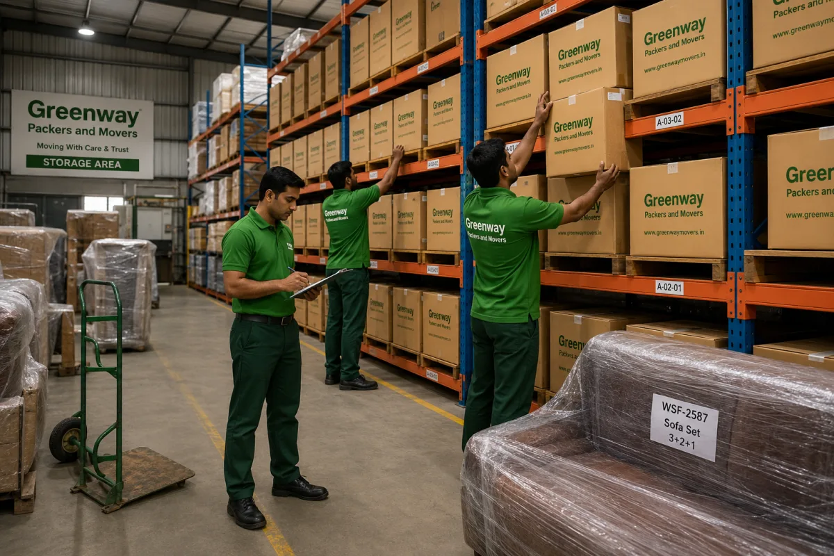 Clean and organised Greenway Packers and Movers warehouse with stacked and labelled storage cartons